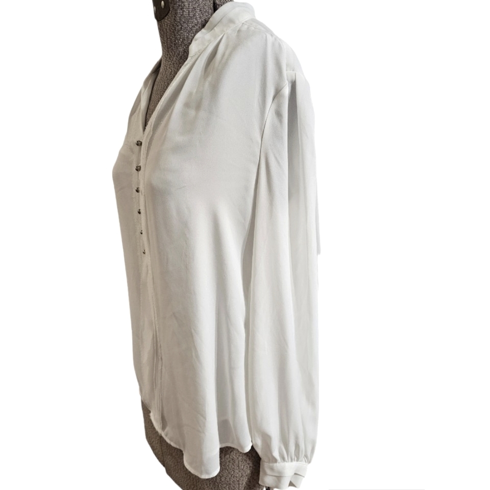White House Black Market V neck  blouse with gold accents and cuff sleeves